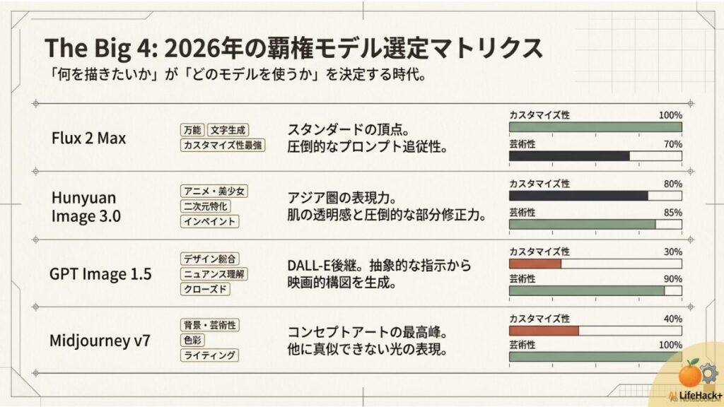 Flux 2 Max、Hunyuan 3.0、GPT Image 1.5、Midjourney v7を芸術性とカスタマイズ性の軸で比較したマトリクス図 。