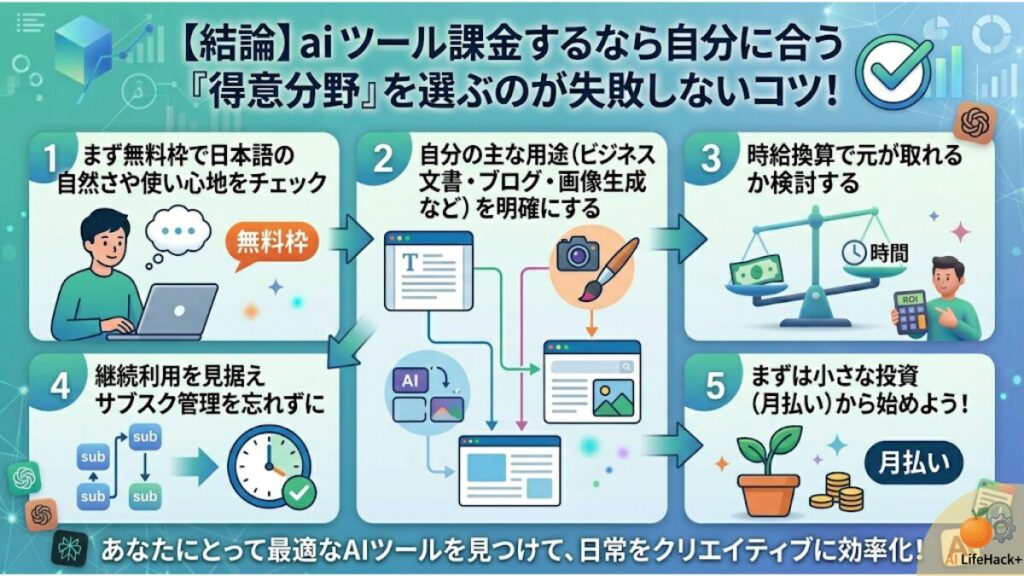 AI ツールに課金するなら?まとめ~自分に合ったツールを選ぼう