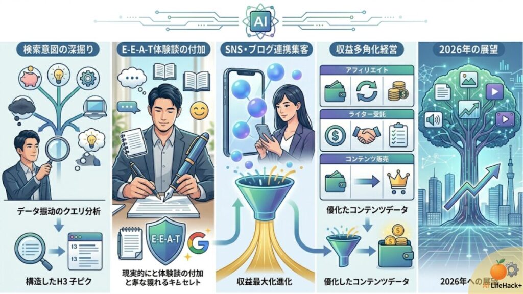 検索意図の深掘り、E-E-A-T体験談の付加、SNS・ブログ連携、収益多角化経営、2026年への展望の核心ポイントをまとめた図解インフォグラフィック。