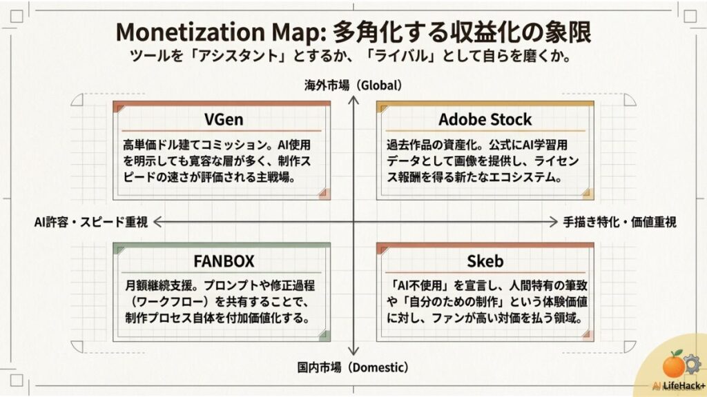 海外・国内、AI許容・手描き特化の軸でVGen、Skeb、FANBOX、Adobe Stockを分類した図
