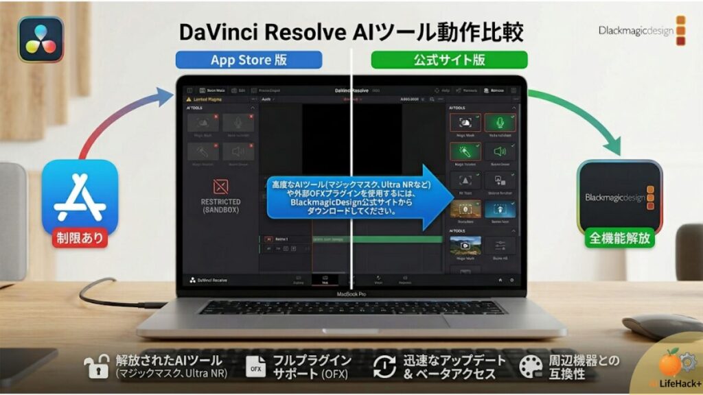 Mac版DaVinci Resolveにおいて、Appleのサンドボックス規制（セキュリティ制限）があるApp Store版と、AIツールや外部プラグインが全機能解放される公式サイト版の違いを比較・解説した図解画像。