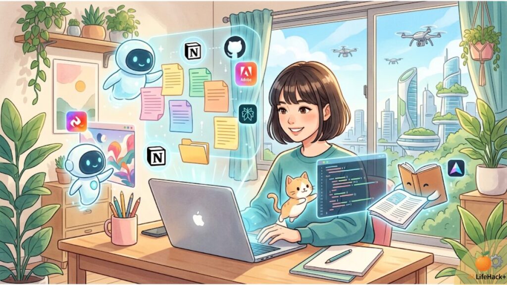 未来都市を望む部屋で、女子大生がAIアシスタントや猫型ロボットと協力してPC作業をする、文字無しのイラスト。ホログラムにはNotionやAdobe等のアイコンやドキュメントが浮かび、AI活用とスキル向上を表現。