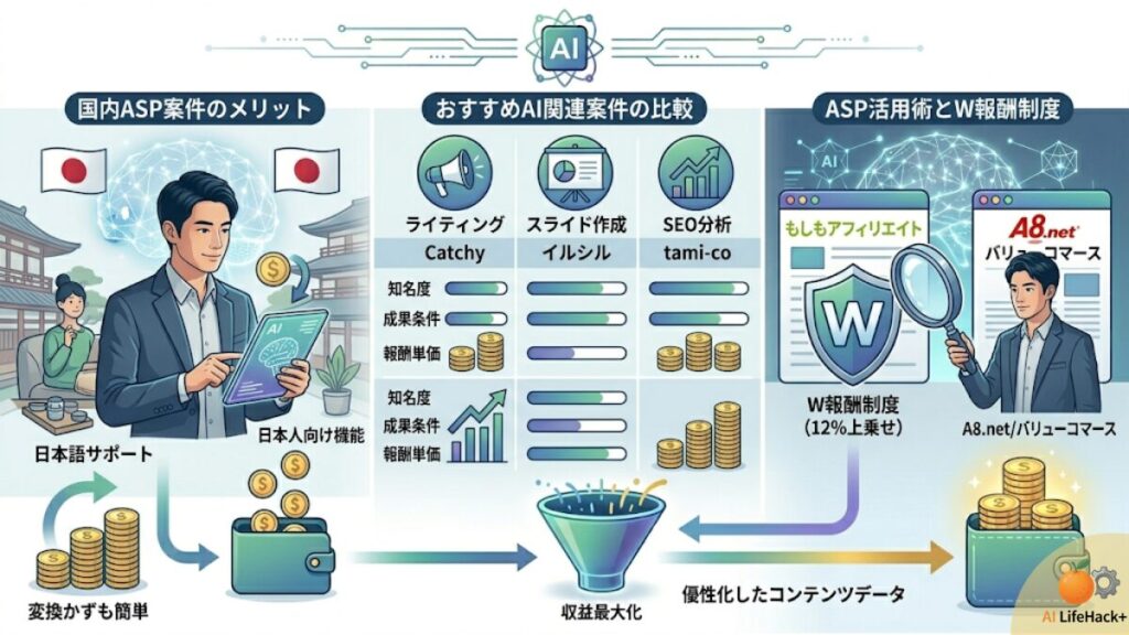 国内ASP案件のメリット(日本語サポート、日本人向け機能)、おすすめAI案件比較(ライティング、スライド作成、SEO分析)、ASP活用術ともしもアフィリエイトのW報酬制度(12%上乗せ)の仕組みを比較・図解したインフォグラフィック。