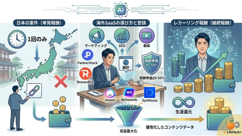 従来の日本案件(単発報酬)と海外SaaS案件(継続報酬)の違い、PartnerStackを通じたツール選定、登録、積み上げ式収益の仕組みを比較・図解したインフォグラフィック。