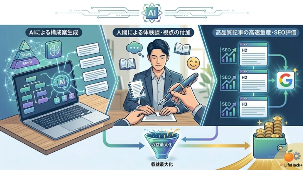 AIライティングツールによる構成案生成、人間による体験談・視点の付加、高品質記事の高速量産・SEO評価のフローを比較・図解したインフォグラフィック。