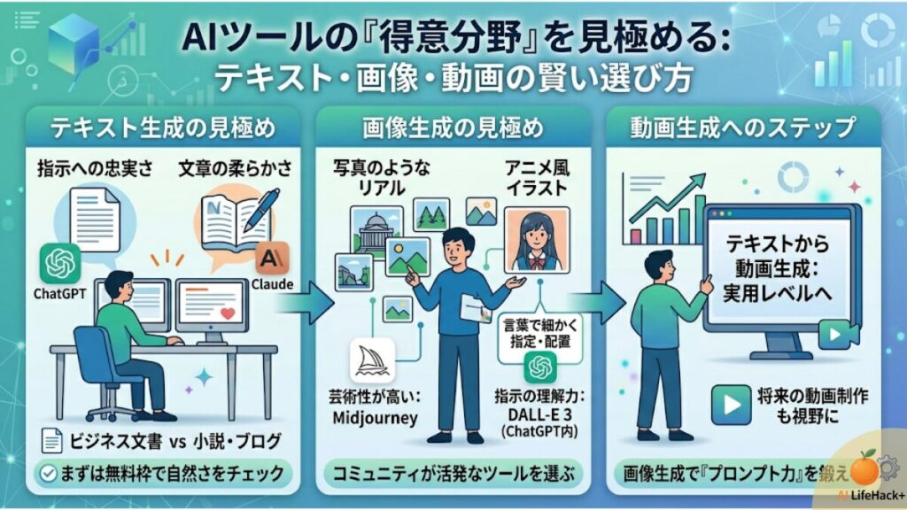 「AIツールの得意分野を見極める」と題された図解画像。テキスト、画像、動画の賢い選び方を3つのパネルで解説。
