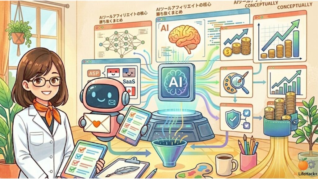 明るいクリエイティブスタジオで、ブログ執筆者のみかんとAIロボットが協力して、AI執筆高速化、国内外案件ミックス、継続報酬、独自性強化、SNS連携、EEAT、法規制遵守、2026年トレンド更新など、AIツールアフィリエイトで成果を掴むための核心ポイント(チェックリスト)を確認している様子。