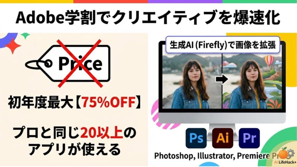 Adobe Creative Cloud学生・教職員版の破格な割引率と、生成AI「Firefly」を活用したPhotoshopでの画像編集(生成拡張)イメージ図。