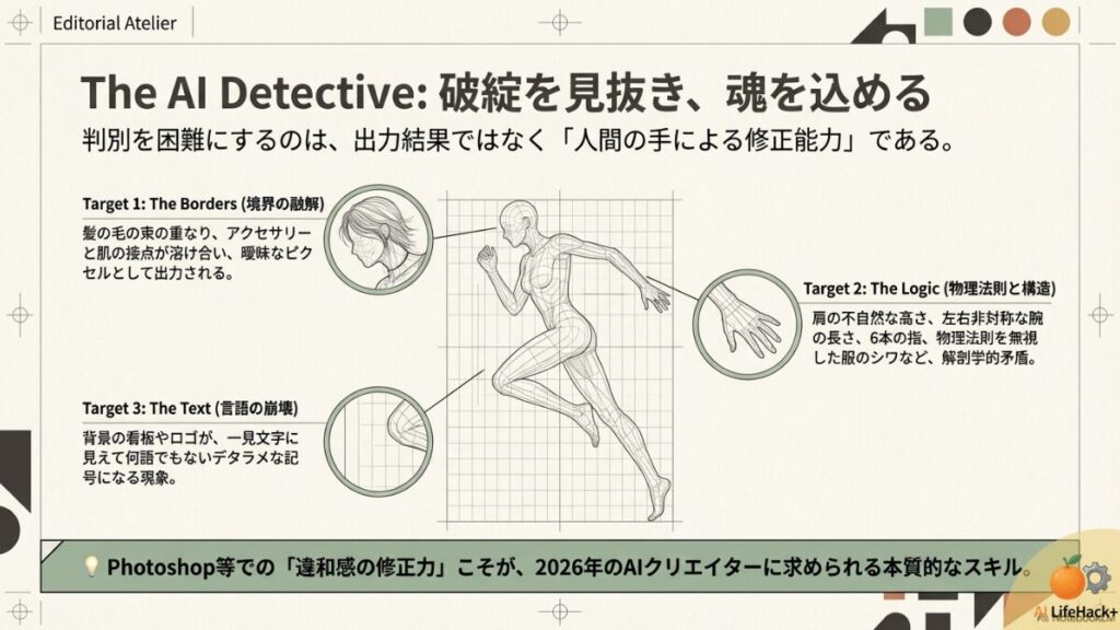 境界線の融解、物理法則の矛盾、言語の崩壊など、AI生成特有の弱点と修正ポイントの解説図