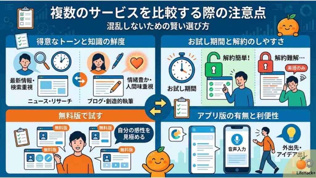 「複数のサービスを比較する際の注意点」と題されたインフォグラフィック画像。得意分野、無料版活用、解約しやすさ、アプリ利便性の4点を図解。