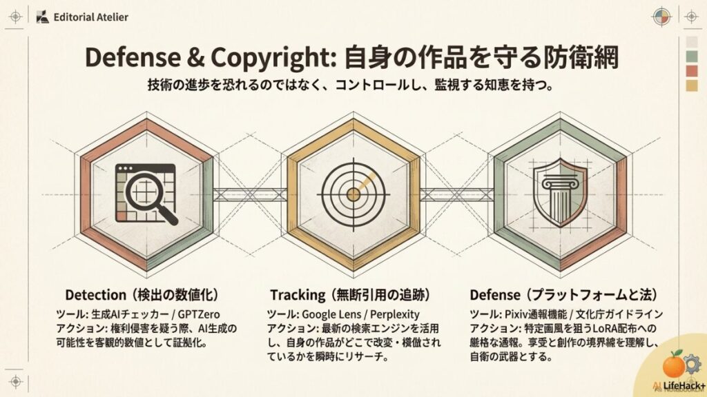 検出（数値化）、追跡（無断引用調査）、防衛（通報・ガイドライン理解）の3ステップ 。