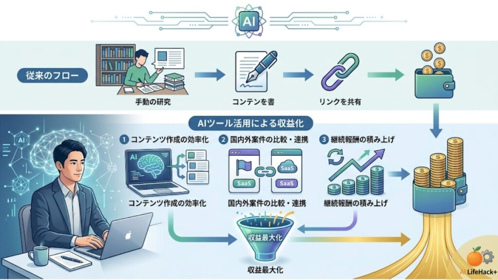 従来のフローとAIツール活用による収益化の違いを比較したインフォグラフィック。AI導入によるコンテンツ作成効率化、国内外案件比較、継続報酬の積み上げの流れを視覚化。