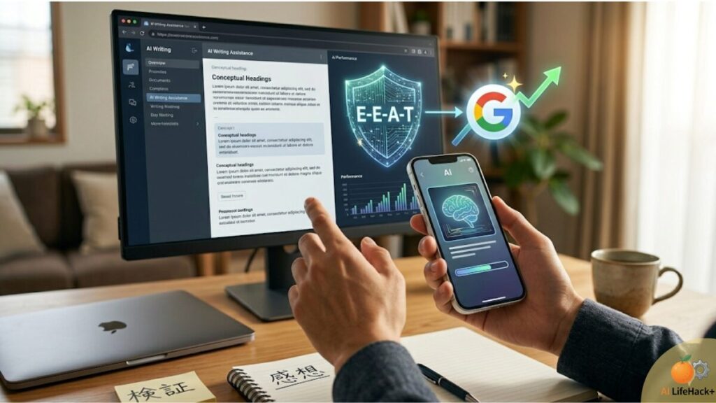 POV(一人称視点)で、Japanese hands(日本人の手)が smartphone(スマートフォン)と monitor(モニター)の両方でAIツールを同時に操作・テストしている様子を、泥臭い検証のリアリティを込めて描写した体験レビューイメージ。
