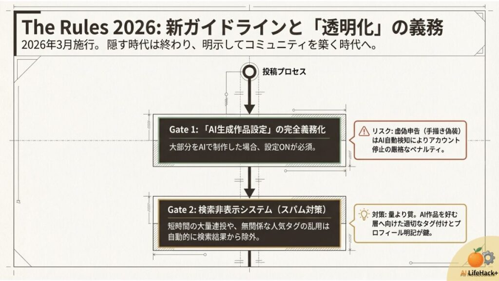 AI設定の義務化（Gate 1）と検索非表示システム（Gate 2）を解説する投稿プロセスの図解 。