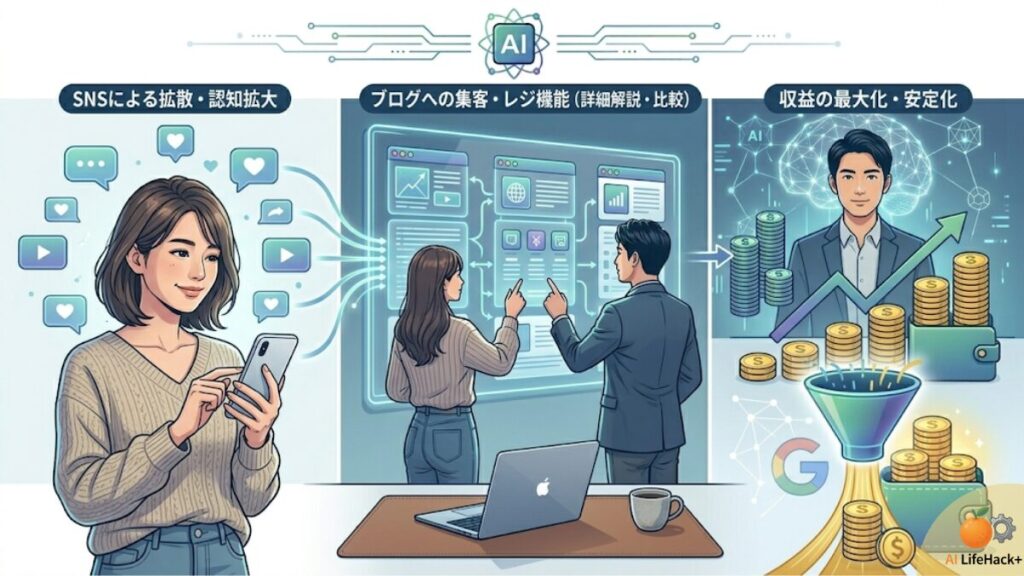 SNSによる拡散・認知拡大、ブログへの集客・レジ機能(詳細解説・比較)、収益の最大化・安定化のフローを比較・図解したインフォグラフィック。