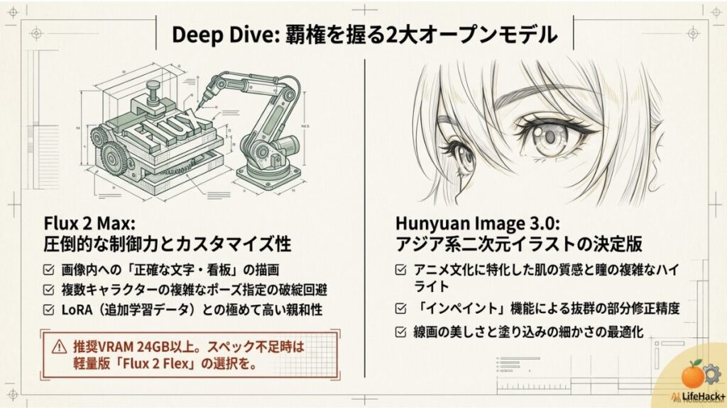 圧倒的な制御力を持つFlux 2 Maxと、アニメ調・美少女特化のHunyuan Image 3.0の特徴をまとめたスライド 。