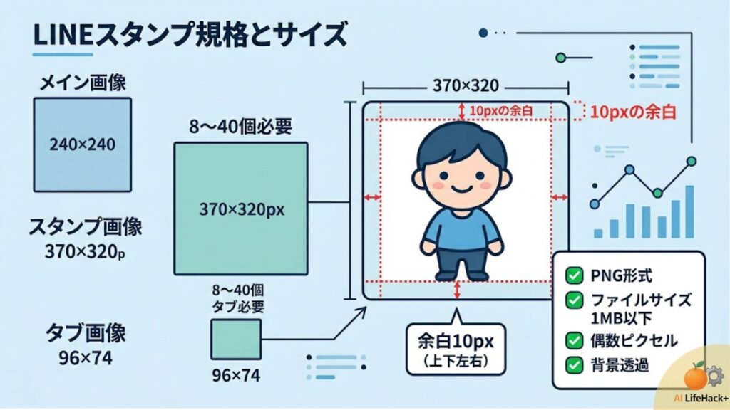LINEスタンプの公式規格（メイン、スタンプ、タブ画像）のサイズ比較と、リジェクトを防ぐための10px余白ルールを解説した比較表図解。