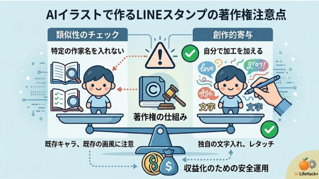 AIスタンプ制作における法的リスク管理。著作権侵害を避けるための「類似性」と「依拠性」のチェックポイントをまとめた安全ガイド。