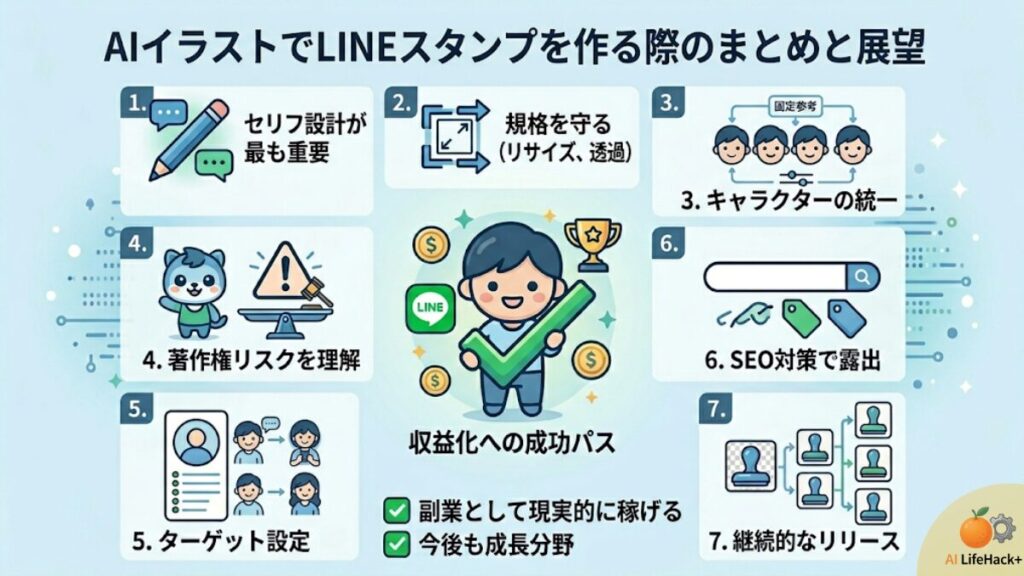 AIイラストによるLINEスタンプ制作と収益化の成功ポイントをまとめたチェックリスト形式の総括図解。