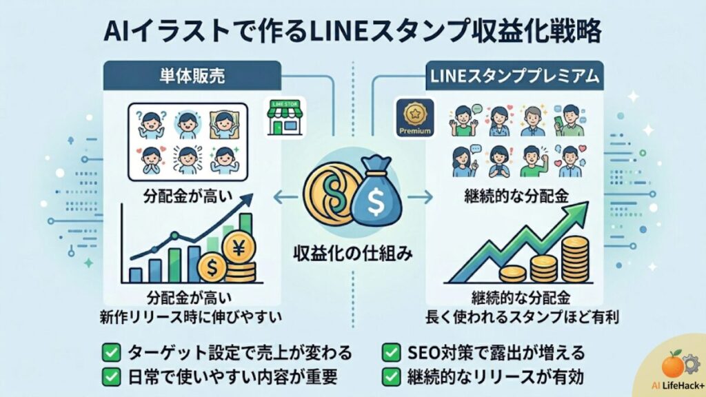 AIイラスト生成で作るLINEスタンプの収益構造の仕組み。単体販売の分配金と、サブスクリプション（プレミアム）による収益発生ルートの解説図。