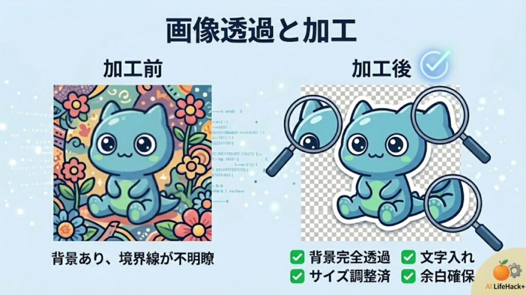 AI生成画像の背景透過ビフォーアフター。背景ありの画像から、透過処理を施してスタンプとして完成するまでのプロセス。