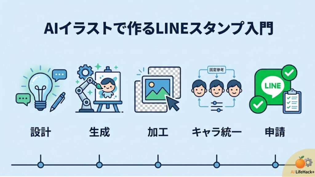 AIイラストを使用したLINEスタンプ制作の全体像を示すロードマップ。設計から申請までの5つのステップを視覚化した図解。