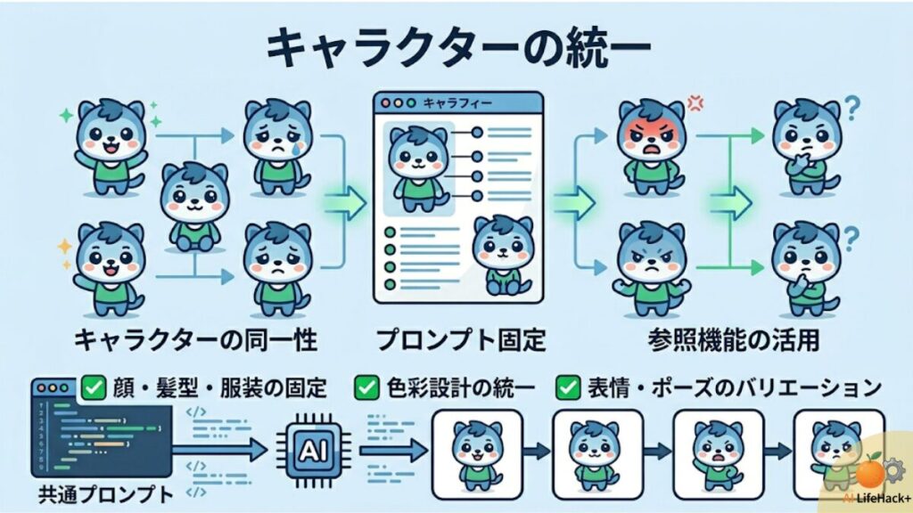 AIでキャラクターの一貫性を保つための手法。同一プロンプトや画像参照機能を用いて、異なるポーズでも同じキャラに見せる技術図解。